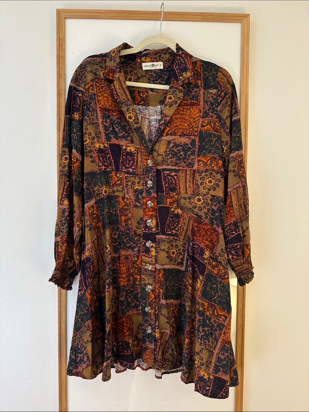 NATURAL LIFE Patchwork Print Long Sleeve Dress in Rust, Olive & Black
